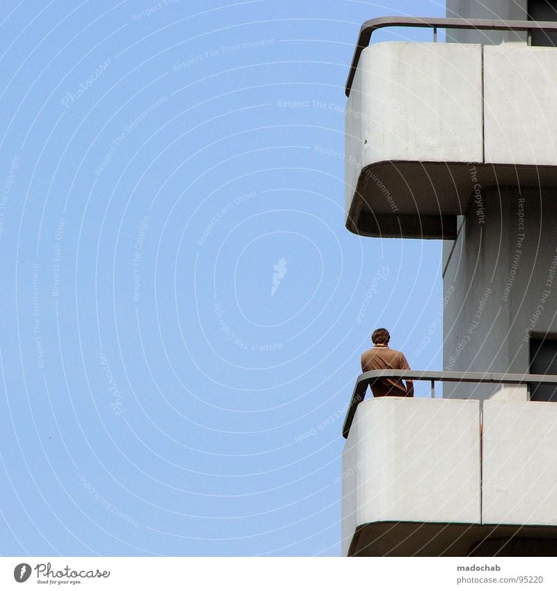 BALCONY SMOKER Sky Guard Guard service Sightseeing Stand Loneliness Break Summer Man Fellow Human being University & College student Balcony Concrete