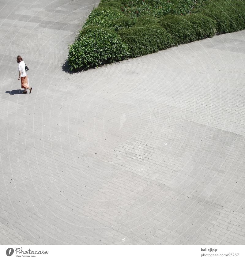 away to the green Woman Human being Going Pedestrian Alexanderplatz Pedestrian precinct Zone Structures and shapes Direction Concrete Gray Green Summer Midday