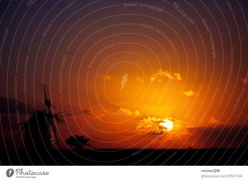 Sun Trail I Art Esthetic Contentment Sunset Romance Idyll Sunlight Sunbeam Solar Power Clouds Kitsch Windmill Spain Color gradient Peaceful Time Timeless End