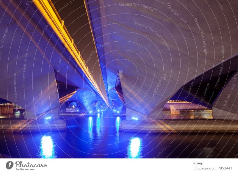 futuristic Capital city Port City Deserted Industrial plant Bridge Architecture Dark Modern Blue Water River Singapore Luxury Futurism Colour photo