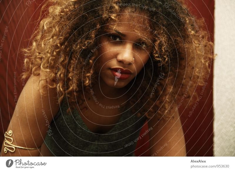 Portrait of young beautiful dark skinned woman looking at camera Young woman Youth (Young adults) Hair and hairstyles Face 18 - 30 years Adults Jewellery