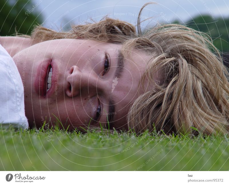 Lying Dutchman Man Blonde Portrait photograph Longing Future Thought Philosophy Think Lips Eyelash Eyebrow White Shadow Landscape format Relaxation Break Grass