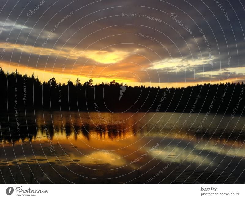 Serenity Lake Sunset Clouds Footbridge Calm Exterior shot Hiking Fishing (Angle) Water Sky reflection forest Orange blue Freedom Sweden