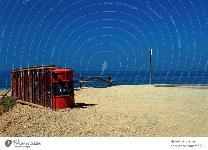 hot coals Ocean Horizon Vacation & Travel Barbecue area Empty Loneliness Beach Blue Red Keg Background picture Pacific Ocean California Wanderlust Coast Summer