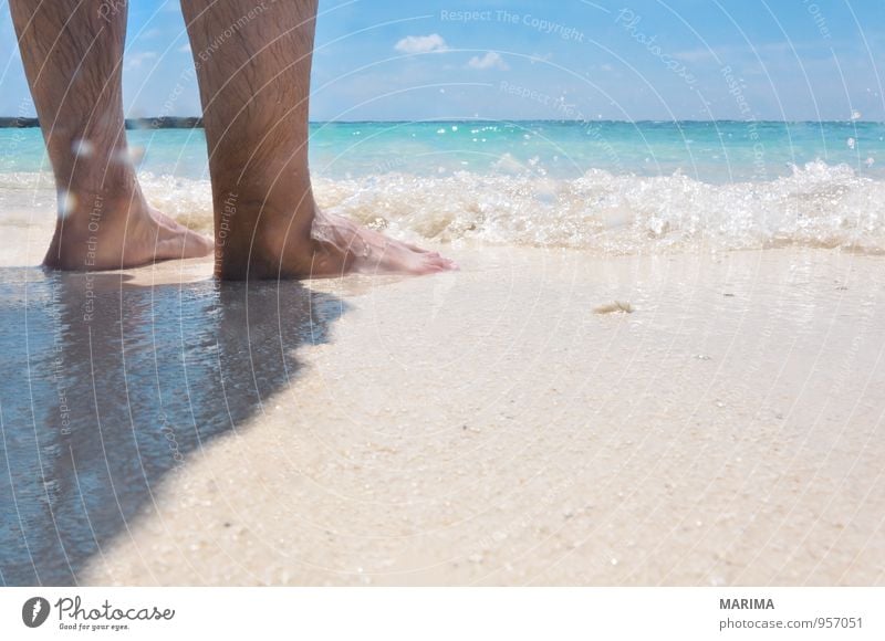 man takes a beach walk Exotic Relaxation Calm Vacation & Travel Beach Ocean Human being Nature Sand Water Footprint Going Blue Turquoise White Asia Barefoot