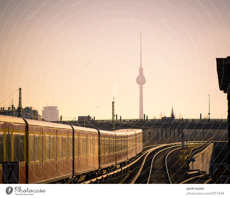 10-minute cycle Cloudless sky Prenzlauer Berg Bridge Tower Landmark Berlin TV Tower Means of transport Traffic infrastructure Public transit Rail transport