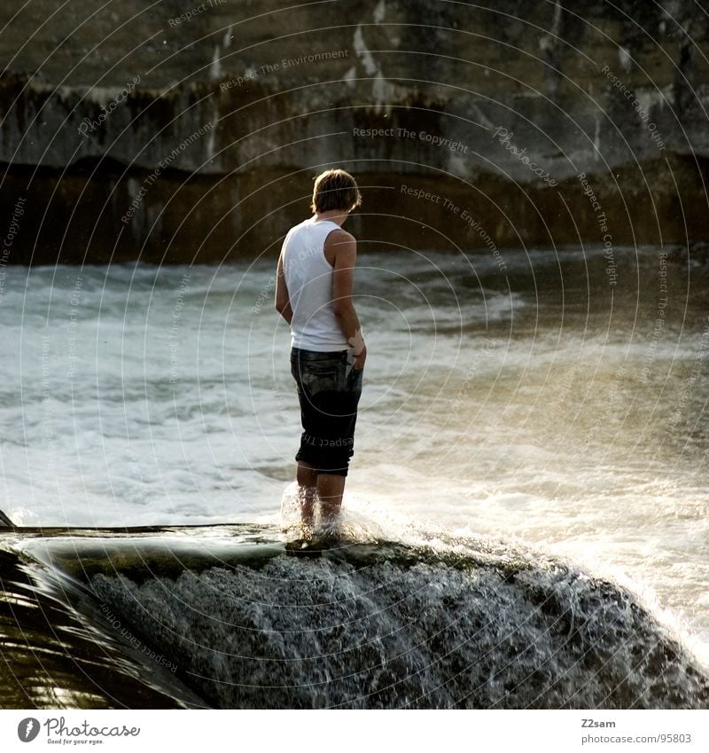 thinking II Water strider Stand Surface of water Isar Youth (Young adults) Man White crest Foam Waves Think Easygoing Wall (building) Wall (barrier) Dangerous