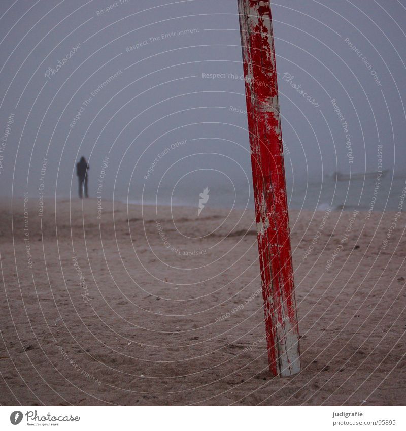 coastal fog Man Wood Red Coast Fog Beach Lake Waves White crest Watercraft Anchoring ground Fastening Dark Passion Navigation Fishery Salty Maritime Ocean