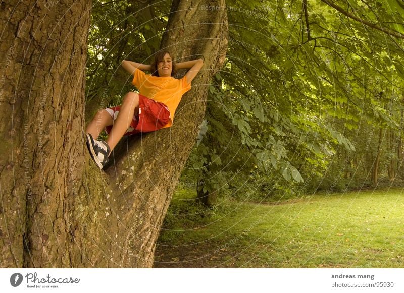 Hanging out in the great outdoors Relaxation Rest Calm Tree Park Forest Bushes To enjoy Meadow Clearing Green Red Youth (Young adults) boy silent chilling