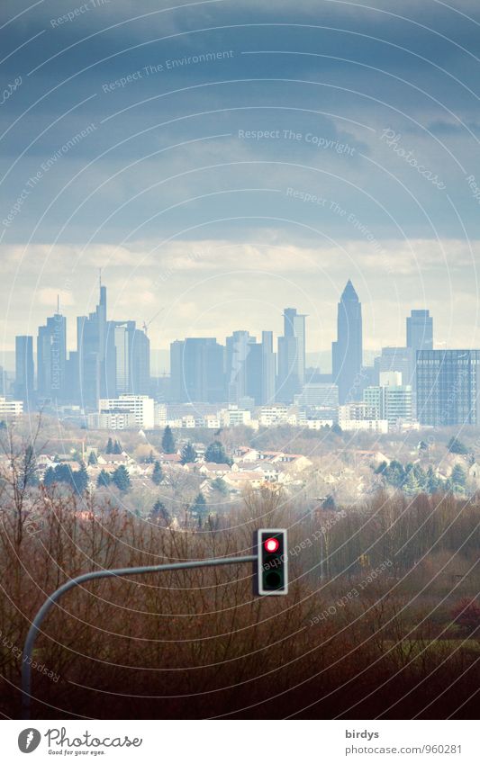 Skyline of Frankfurt am Main, in front of the city gates, red traffic light, symbolic picture Stock market Financial institution Storm clouds Autumn Bad weather