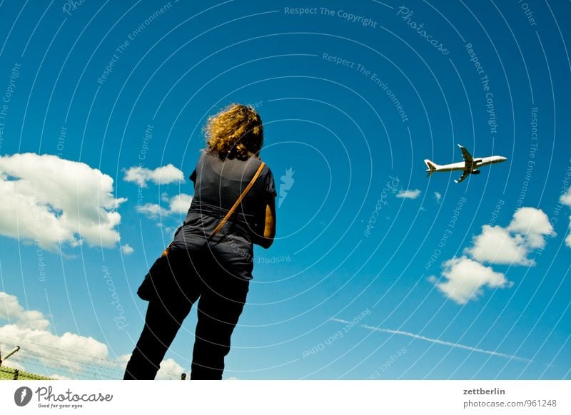 under the clouds Departure Airplane takeoff Far-off places Wanderlust Flying Aviation Airport Airfield Woman Border Cumulus Sky Perspective Vacation & Travel