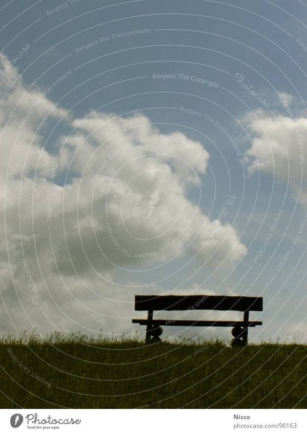 resting place Clouds Grass Wood Brittle Dike Meadow Green Blade of grass Park Park bench Ocean Air Friesland district East Frisland Calm Dark Break Relaxation