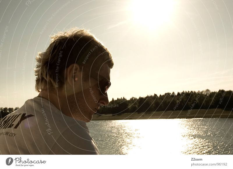 family day Summer Moody Dusk Reflection Portrait photograph Man Sun Water Evening Human being Young man 18 - 30 years Sunglasses Back-light Sunset