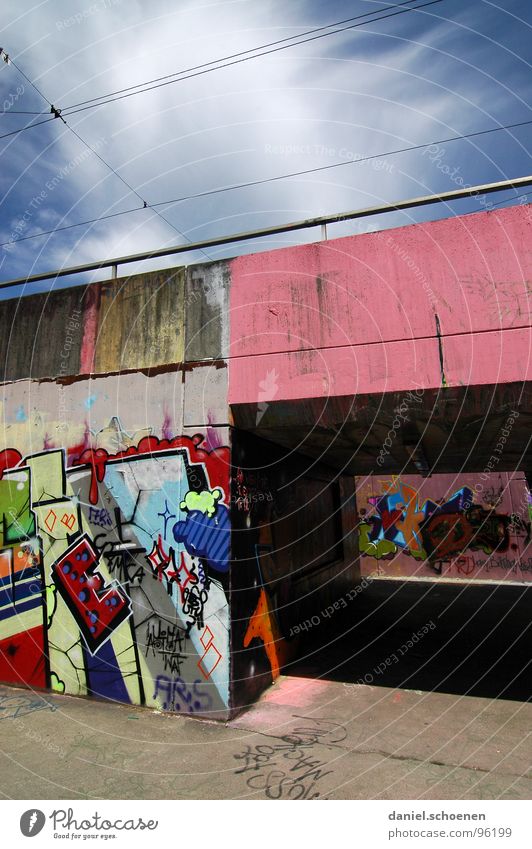 underpass Multicoloured Spray Street art Abstract Background picture Green White Pink Cyan Light Tunnel Bridge Graffiti Mural painting Underpass Colour