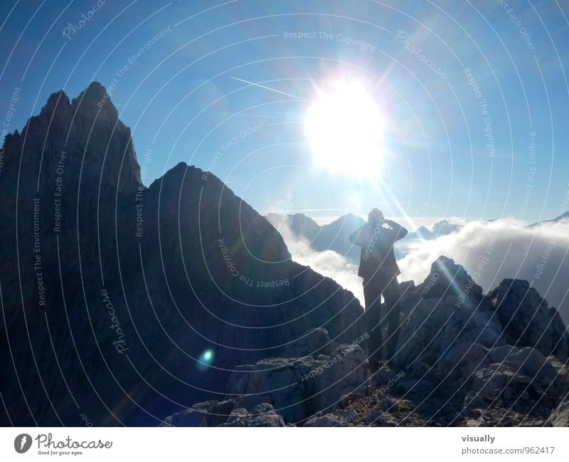 Sunset in the mountains Hiking 1 Human being Landscape Sky Clouds Sunlight Rock Mountain tripartite tip mailer hut Zugspitze Alps Moody Happy Contentment