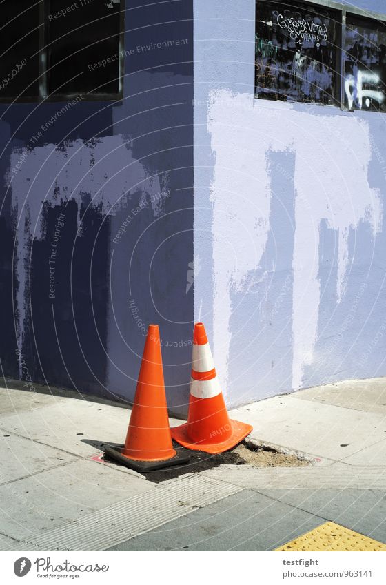 lilac blue Town Deserted House (Residential Structure) Wall (barrier) Wall (building) Facade Attentive Watchfulness Sidewalk Colour photo Exterior shot Light