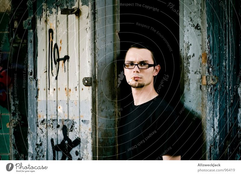 Between door and hinge Open Man Going Wooden door Gate Dark Dirty Creepy Portrait photograph Self portrait Release Stand Neutral Earnest Derelict Graffiti