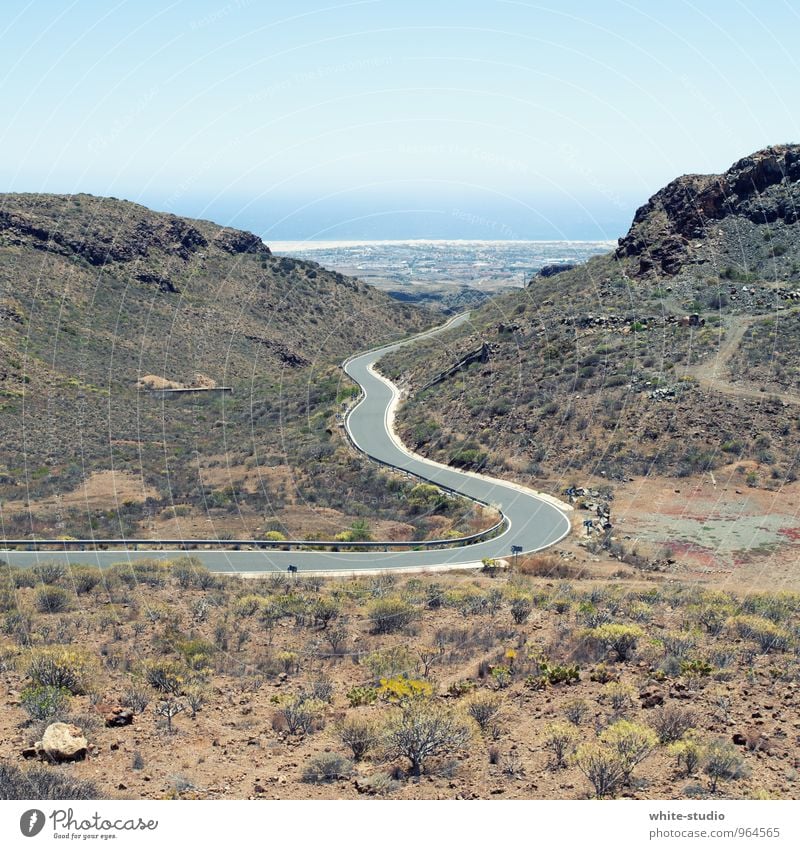 serpentine Populated Esthetic Pavement Street Winding road Curve Canyon Ocean strait Bushes Sparse Landscape Gran Canaria Tilt sinus Summer