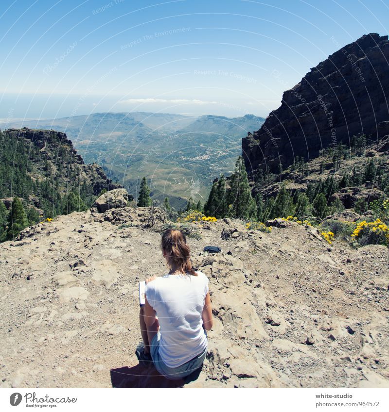 moment of pleasure Feminine Young woman Youth (Young adults) Woman Adults Back 18 - 30 years Write Sit To enjoy Alps Pre-alpes Vantage point Heaven Blue sky