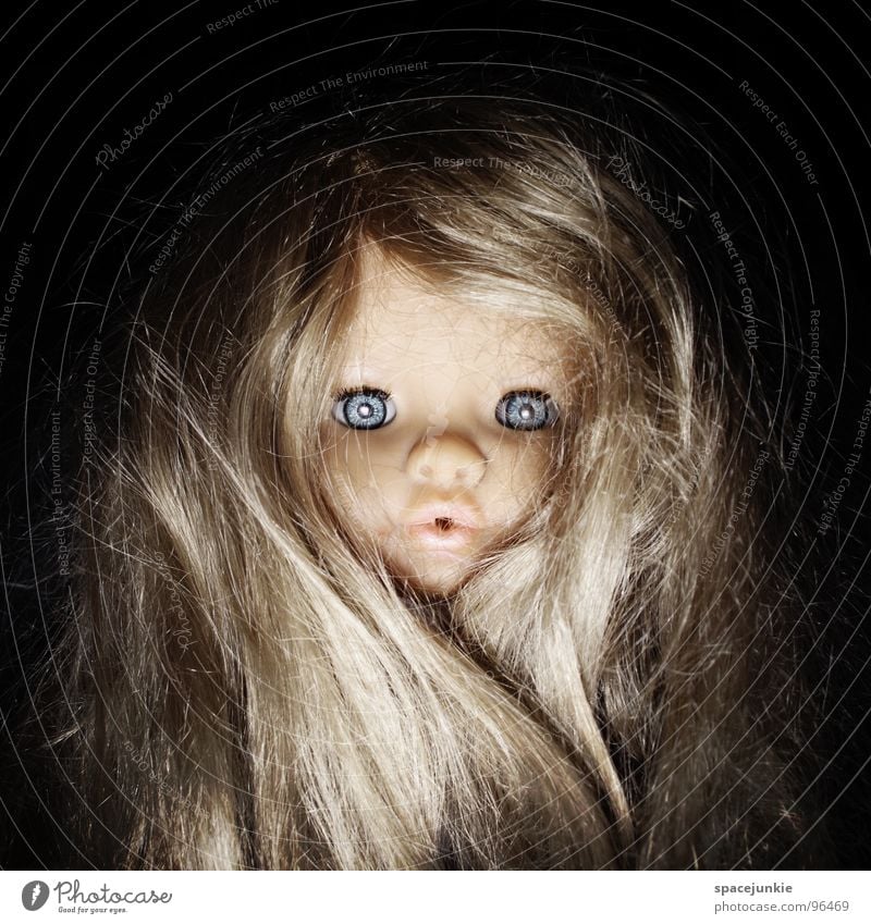 wild puppet Toys Threat Alarming Blonde Chucky Creepy Horror film Evil Sweet Cute Whimsical Joy Doll Eyes Blue Fear Wild animal Hair and hairstyles