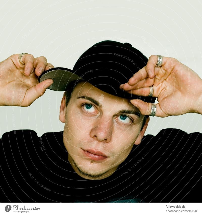 Word! Disc jockey Baseball cap Cap Headwear Man Masculine Gentleman Hip-hop Clear Portrait photograph Black Potsdam Looking Earnest Art Arts and crafts  Concert