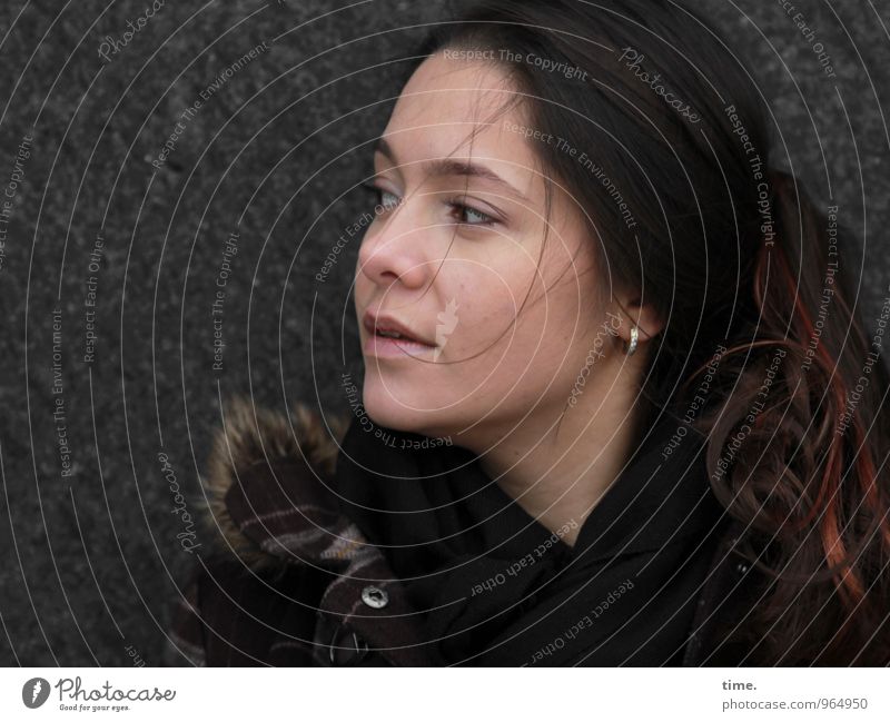 . Feminine Young woman Youth (Young adults) 1 Human being Wall (barrier) Wall (building) Coat Earring Brunette Red-haired Long-haired Observe Looking Wait