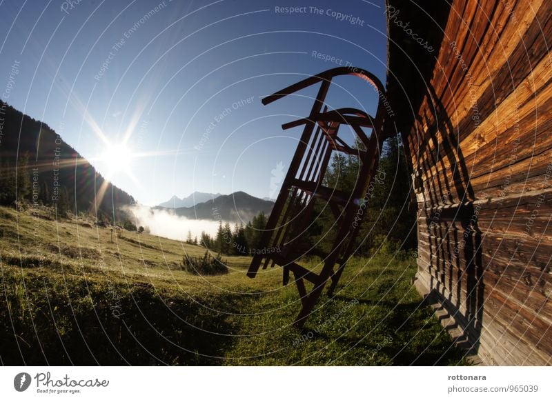 Liösa da manties 2 Nature Landscape Sky Cloudless sky Sun Summer Beautiful weather Fog Meadow Alps Mountain Dolomites Hut Sleigh horn sledge Wood Old