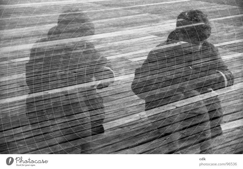 Superimpositions | two | sitting, searching, young woman. 2 Double exposure Twin Woman Girl Search Bag Action Unobserved Jacket Wood Footbridge Terrace