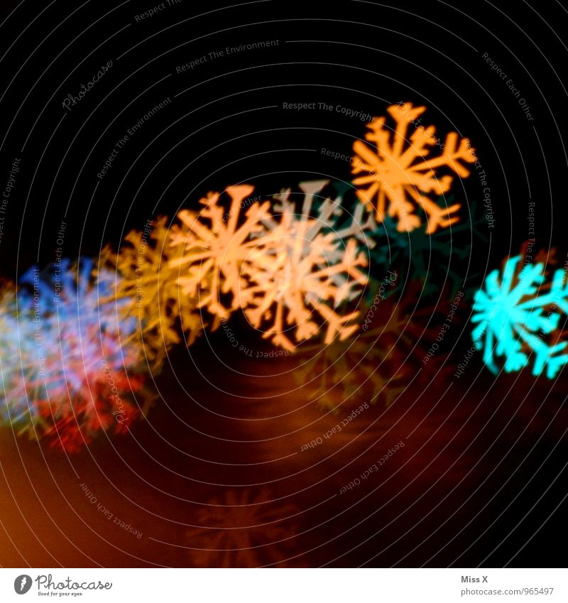 flakes Winter Ice Frost Snow Snowfall Illuminate Multicoloured Snow crystal Snowflake Light Lighting Christmas fairy lights Colour photo Exterior shot Pattern