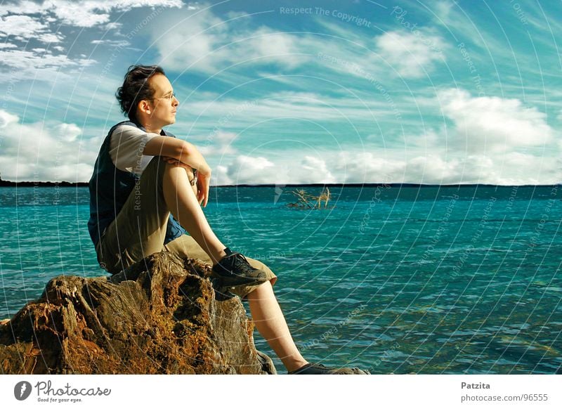 absorbed in thought Man Lake Ocean Clouds Dream Think Relaxation Break Hiking Vacation & Travel Summer Horizon Far-off places Thought To enjoy Wellness