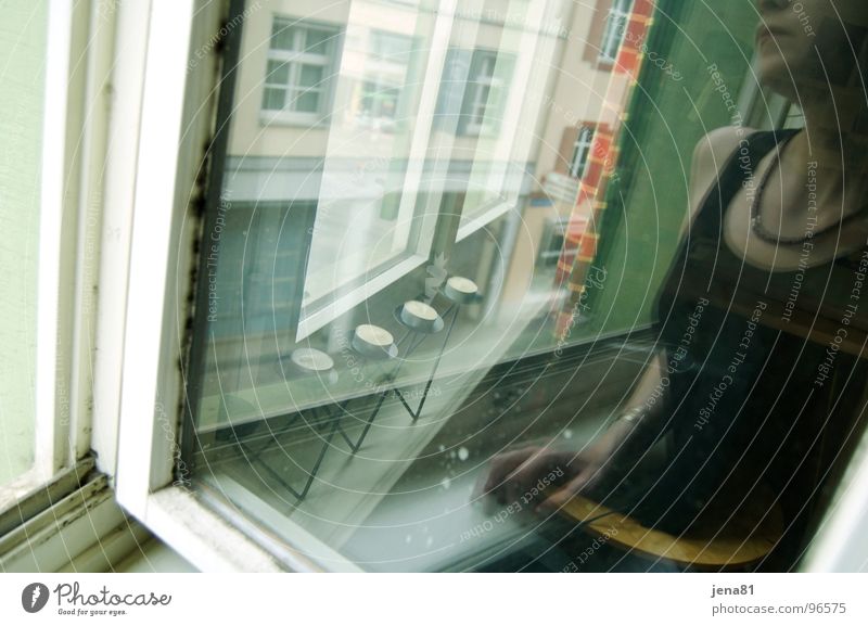 Summer Sunday before the thunderstorm_II Window Reflection Woman Longing Think Dream Emotions Thunder and lightning Vantage point Transparent Looking ponder