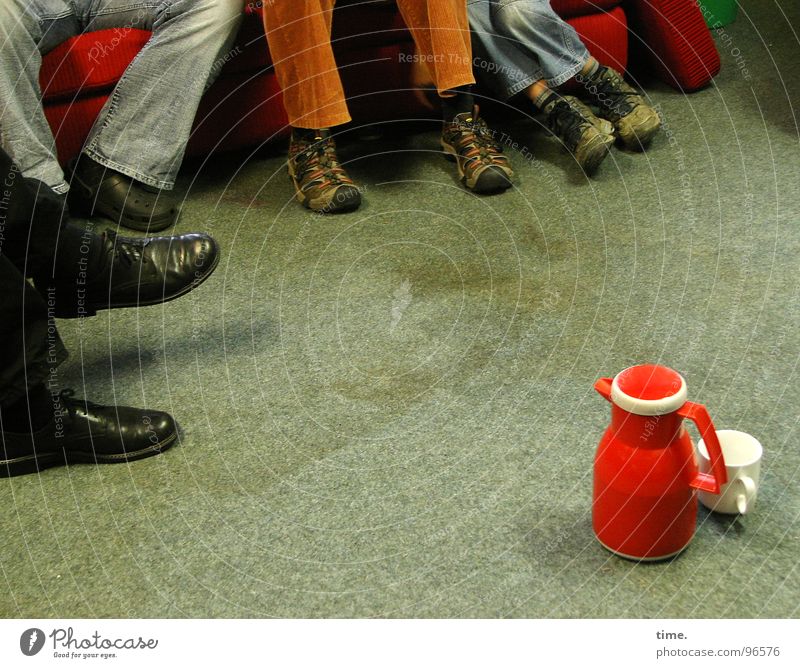 break clown Colour photo Interior shot Cup Sofa Meeting To talk Friendship Legs Feet Group Footwear Break Teapot Thermos coffee pot Study group Assembly