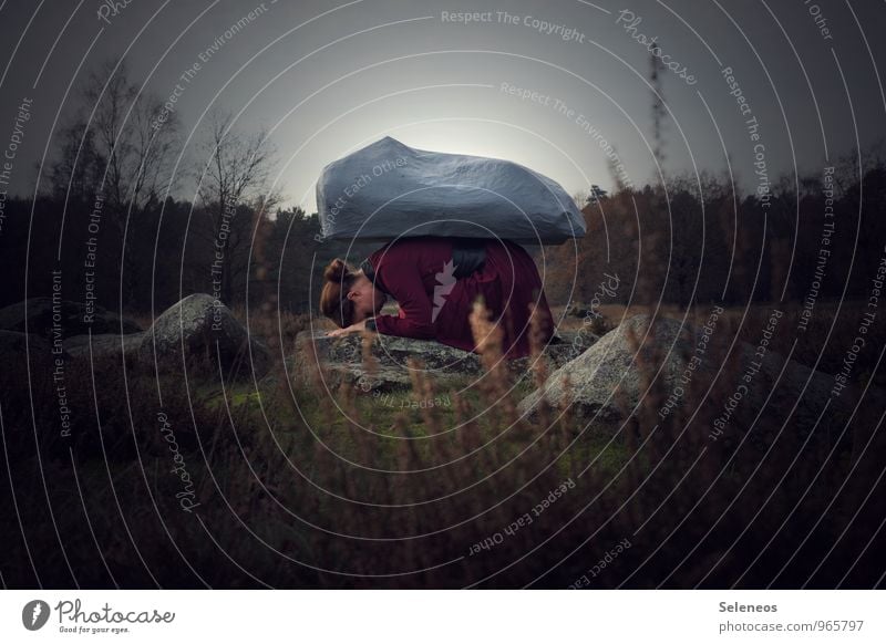 INSIDE BALANCE Senses Relaxation Calm Meditation Human being Feminine 1 Environment Nature Landscape Autumn Meadow Forest Dress Stone Colour photo Exterior shot