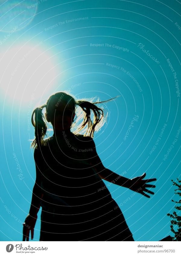 two-sided Back-light Girl Dazzle Black Progress Braids Long-haired Dress Blonde Silhouette Physics Hot Burn Sunlight Light blue Wind Hand 5 Tree Jump Joy Summer