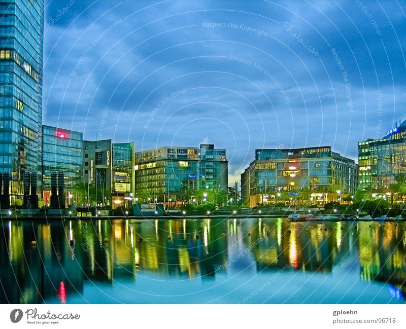 Cologne Mediapark in the evening Lake Reflection Night Building Clouds Twilight Long exposure Modern Water Light