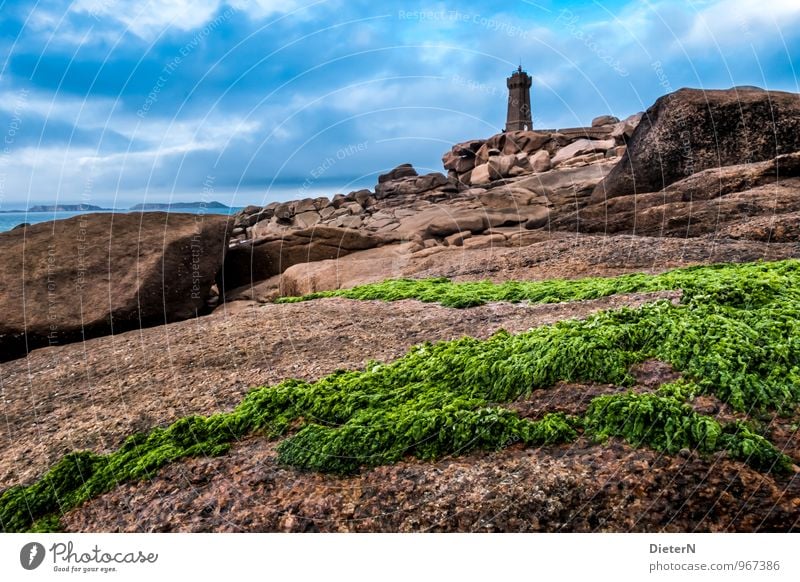 green Sky Clouds Plant Coast Ocean Atlantic Ocean Maritime Blue Brown Green Black Lighthouse Cote de Granit Rose Stone Rock Ploumanach Algae Colour photo