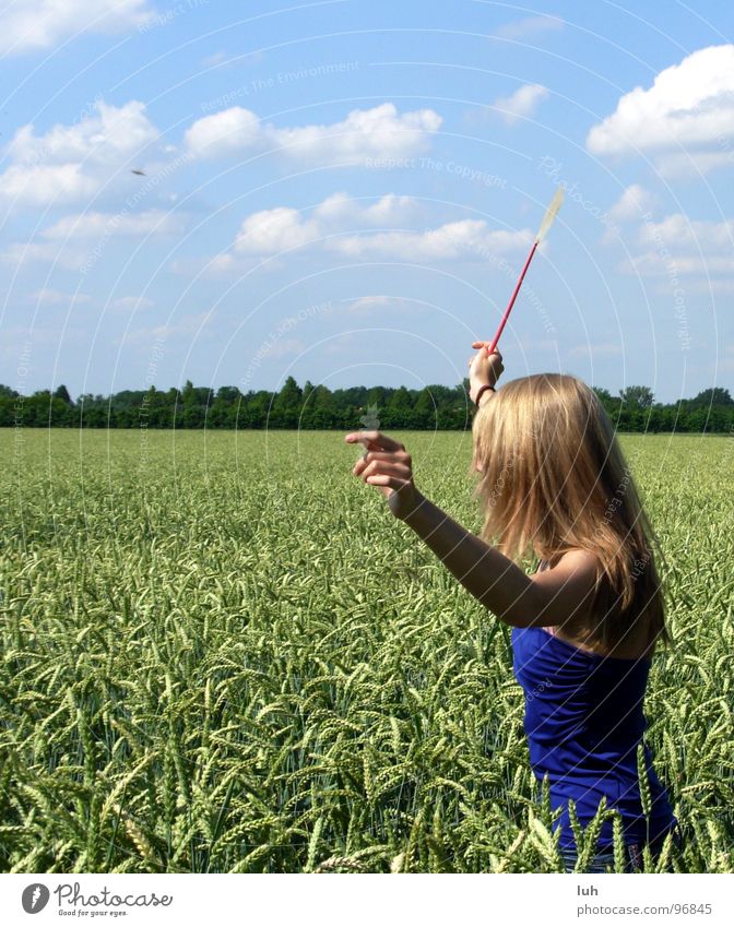 Hold it right there! Clouds Sky blue Animal Insect Threaten Where Field Green Wheat Large Multicoloured Rotate Swing Girl Woman Far-off places