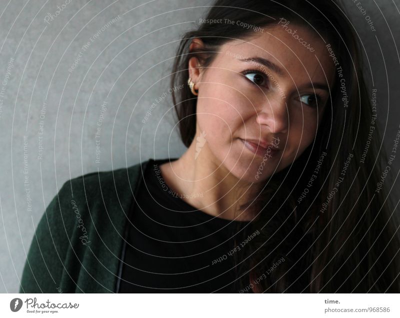 . Feminine Young woman Youth (Young adults) 1 Human being Wall (barrier) Wall (building) Jacket Brunette Long-haired Observe Think Looking Wait Dark Beautiful