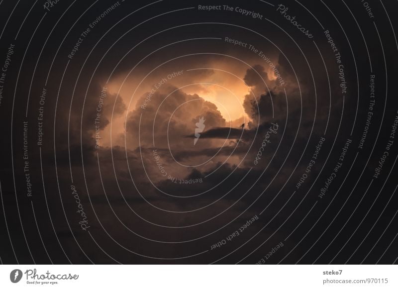 backlight Sky only Storm clouds Bad weather Thunder and lightning Threat Dark Gray Orange Black Hope Belief Fear of flying Baroque Subdued colour Exterior shot