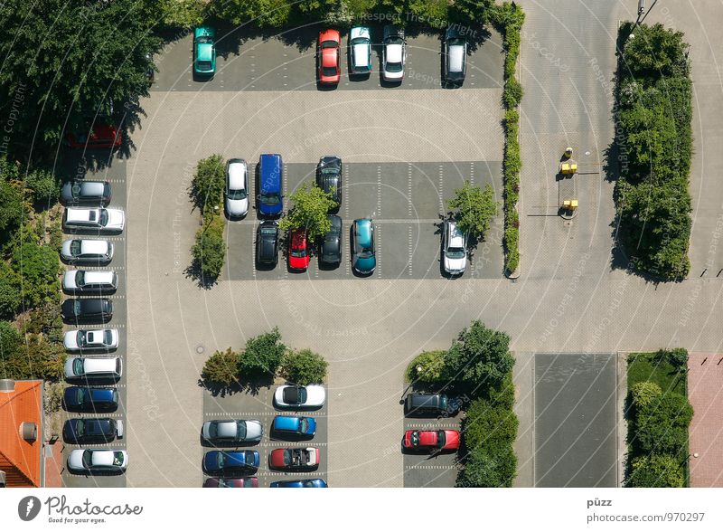 BirdPerspective Duesseldorf Town Downtown Parking lot Transport Means of transport Road traffic Motoring Street Vehicle Car Signs and labeling Road sign Blue