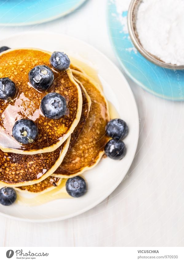 Sweet pancakes with blueberries and syrup. Food Fruit Dough Baked goods Dessert Nutrition Breakfast Organic produce Vegetarian diet Diet Crockery Plate Style