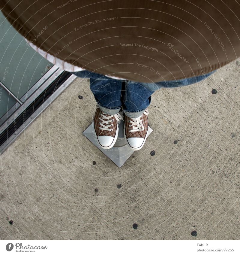 Chucks at the bottom Footwear Shoelace Fat Pants Clothing Dance floor Brown Concrete Bird's-eye view Wide angle Self portrait Under Fishing rod