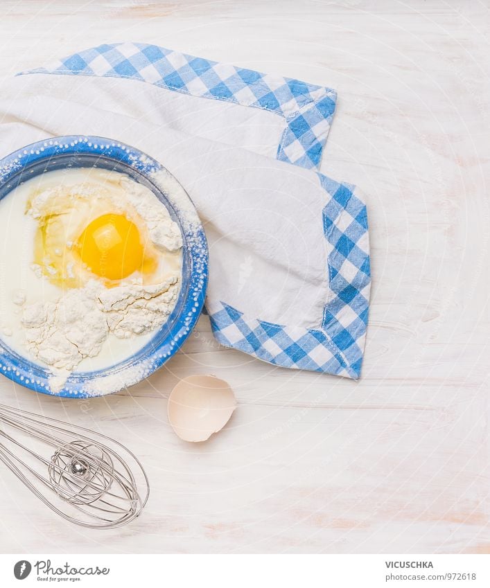 Ingredients for baking: egg,milk,flour in blue bowl Food Dairy Products Dough Baked goods Nutrition Organic produce Diet Style Design Leisure and hobbies