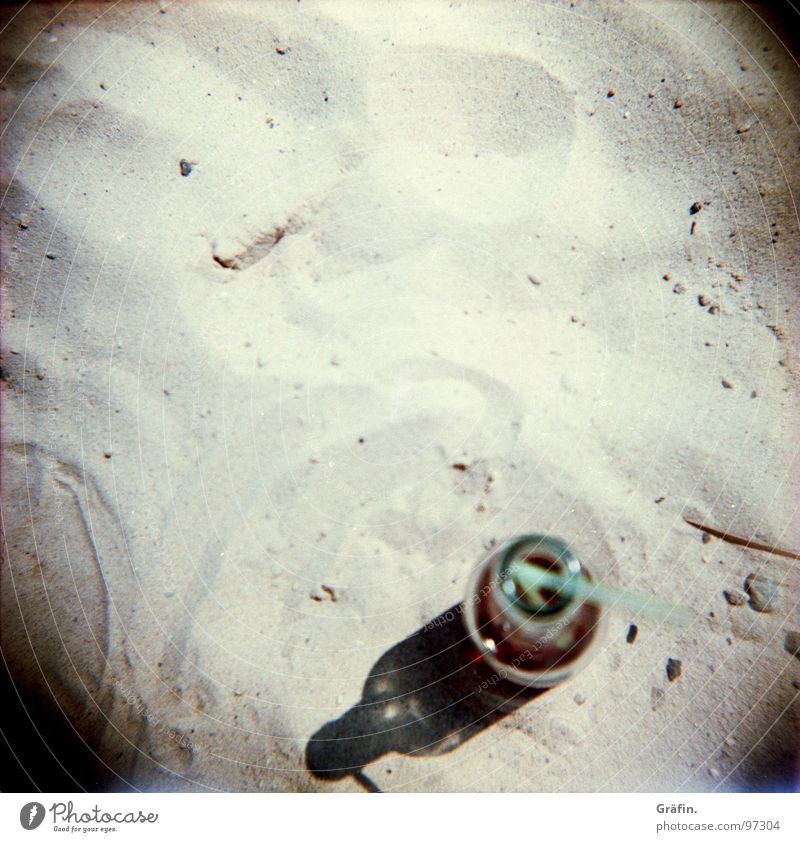 beach impression Holga Beverage Summer Physics Beach Refreshment Hot Grain of sand Grainy Blur Sunbathing Drinking Straw Bottle opener Lie Relaxation Lomography