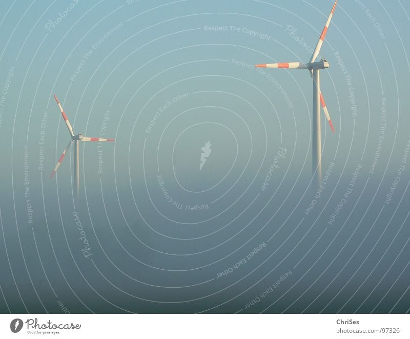 in the morning at 6.16 am Fog Morning Sunrise Renewable energy Electricity Ecological Gray Red Engines Horizon Summer Northern Forest Industry Wind energy plant