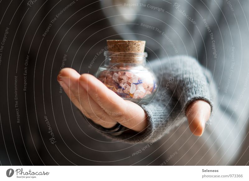 Salt for the soup Food Herbs and spices Nutrition Human being Arm Hand Fingers 1 Ring Gloves Near Spicy Cork Colour photo Interior shot Close-up Detail