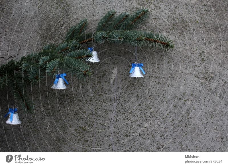 little bell Feasts & Celebrations Christmas & Advent Plant Twig Branch Bell Concrete Metal Hang Listening Blue Gray Green Silver Joy Happy Caution Serene