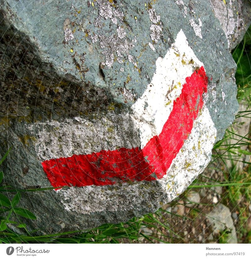 signpost Footpath Red White Granite Meadow Hiking Switzerland Hill Brook Flower Grass Gravel Pedestrian Mountain Signs and labeling Signage Stone Rock Alps