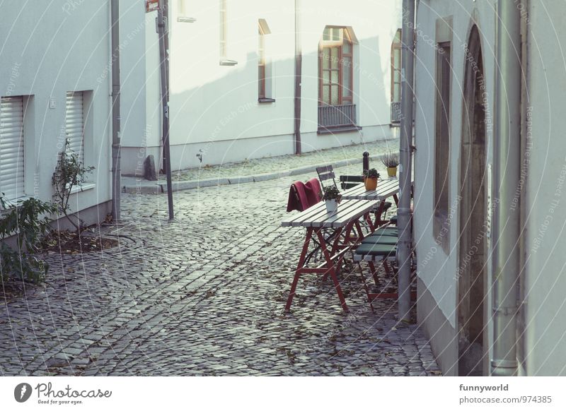 outside is still so cold Vacation & Travel City trip Erfurt Small Town Old town Deserted Old building Cobblestones Idyll Café Exterior shot Table Chair