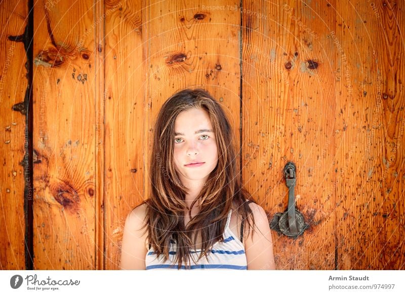 Portrait - Wooden door - Old Lifestyle Beautiful Summer Human being Feminine Youth (Young adults) 1 13 - 18 years Child Door Door handle Gate Brunette